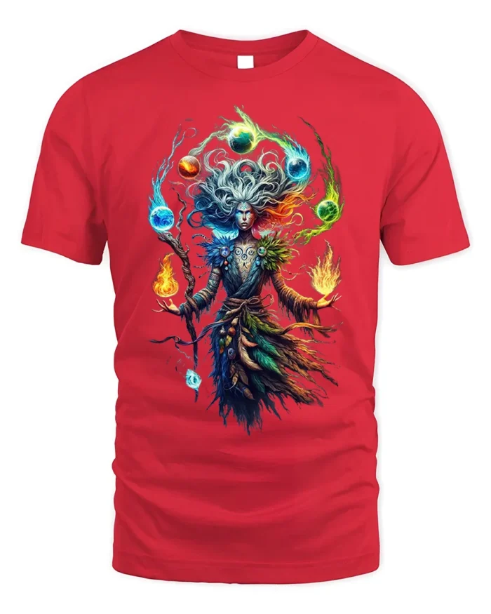 Elemental Sorcerer Fantasy Magic Graphic T-Shirt - red t-shirt on white background