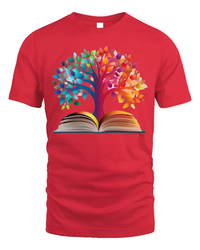 Colorful Tree of Knowledge Book T-Shirt - red t-shirt on white background
