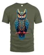 Colorful Ornate Owl Spirit Graphic T-Shirt - military green t-shirt on white background