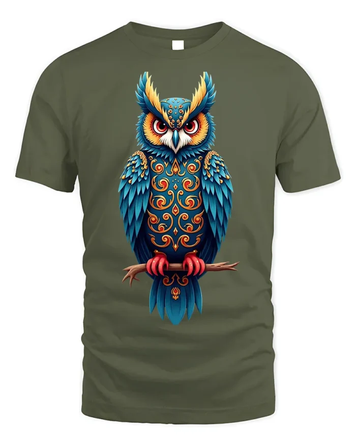 Colorful Ornate Owl Spirit Graphic T-Shirt - military green t-shirt on white background