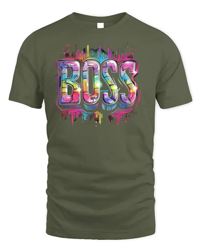 Neon Graffiti Boss Street Style T-Shirt - military green t-shirt on white background