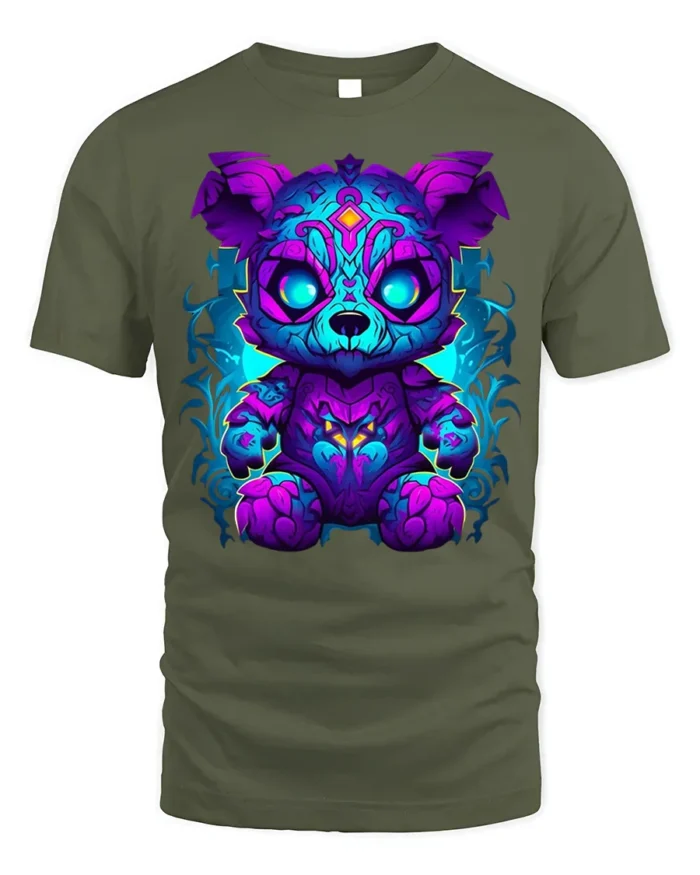 Neon Cyber Bear Fantasy Graphic T-Shirt - military green t-shirt on white background