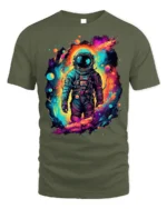 Cosmic Neon Astronaut Space Graphic T-Shirt - military green t-shirt on white background