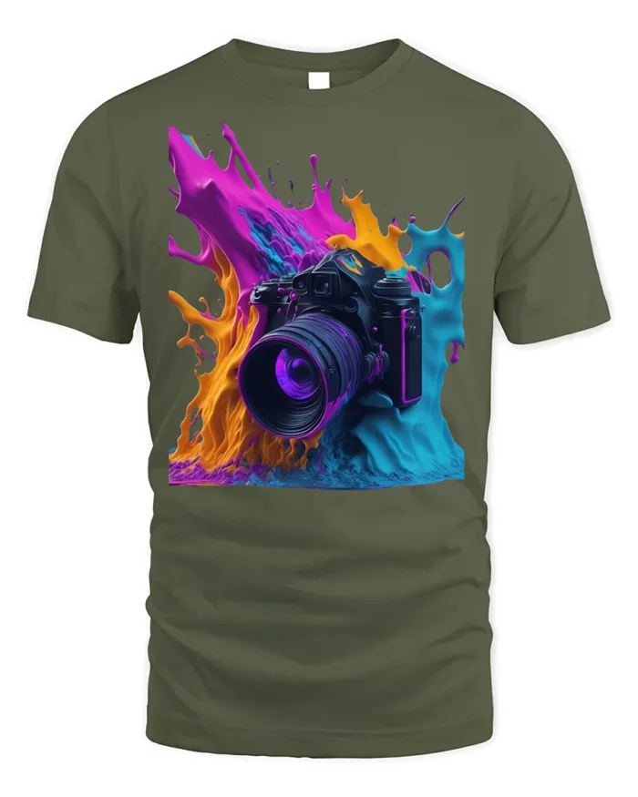 Color Splash Camera Photography Graphic T-Shirt - military green t-shirt on white background