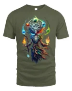 Elemental Sorcerer Fantasy Magic Graphic T-Shirt - military green t-shirt on white background