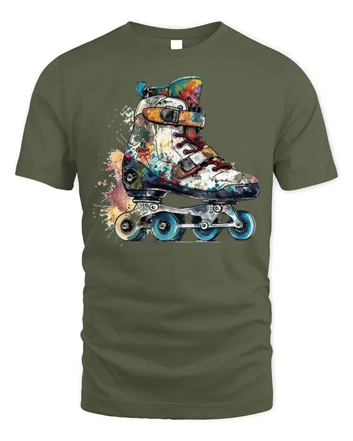 Color Splash Roller Skate Graphic T-Shirt - military green t-shirt on white background