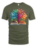 Colorful Tree of Knowledge Book T-Shirt - military green t-shirt on white background
