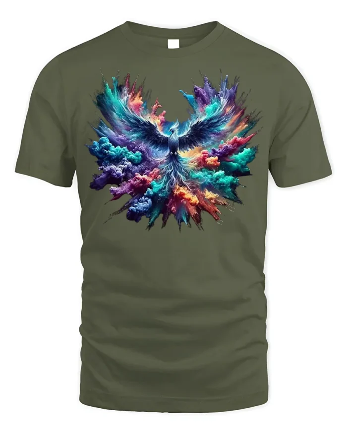 Colorful Phoenix Rising Explosion T-Shirt - military green t-shirt on white background