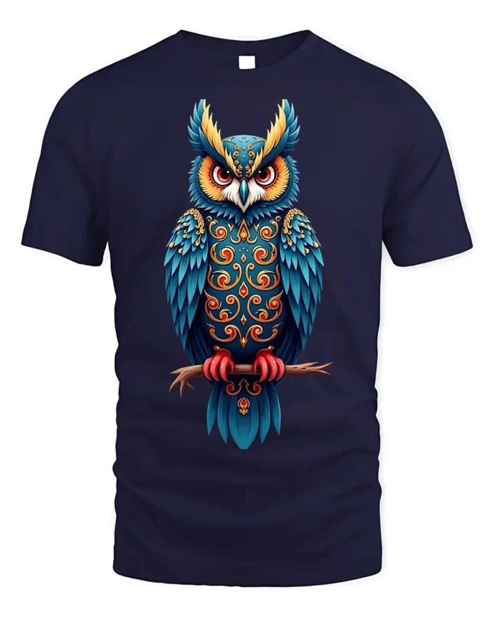 Colorful Ornate Owl Spirit Graphic T-Shirt - navy t-shirt on white background