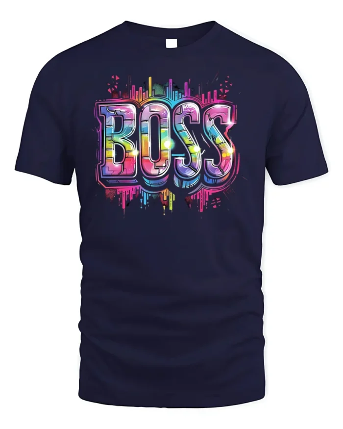 Neon Graffiti Boss Street Style T-Shirt - navy t-shirt on white background
