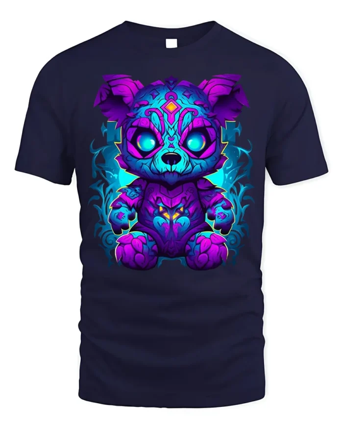 Neon Cyber Bear Fantasy Graphic T-Shirt - navy t-shirt on white background