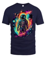 Cosmic Neon Astronaut Space Graphic T-Shirt - navy t-shirt on white background