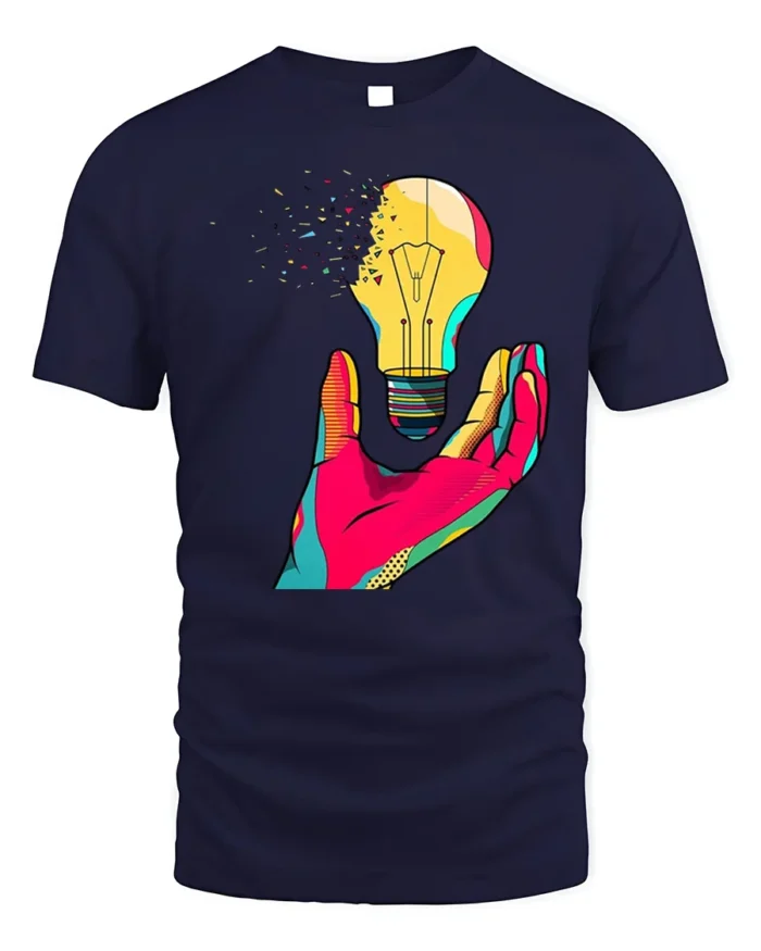 Creative Pop Art Light Bulb Graphic T-Shirt - navy t-shirt on white background