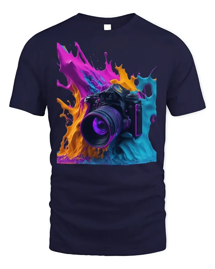 Color Splash Camera Photography Graphic T-Shirt - navy t-shirt on white background