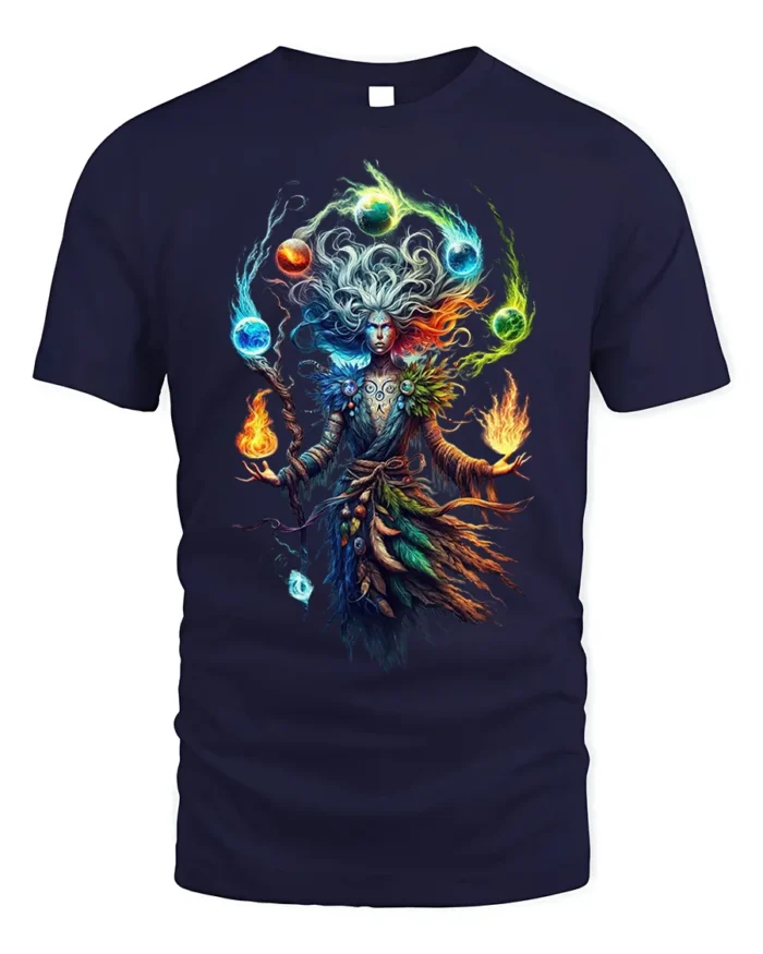 Elemental Sorcerer Fantasy Magic Graphic T-Shirt - navy t-shirt on white background