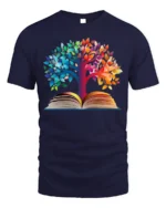 Colorful Tree of Knowledge Book T-Shirt - navy t-shirt on white background