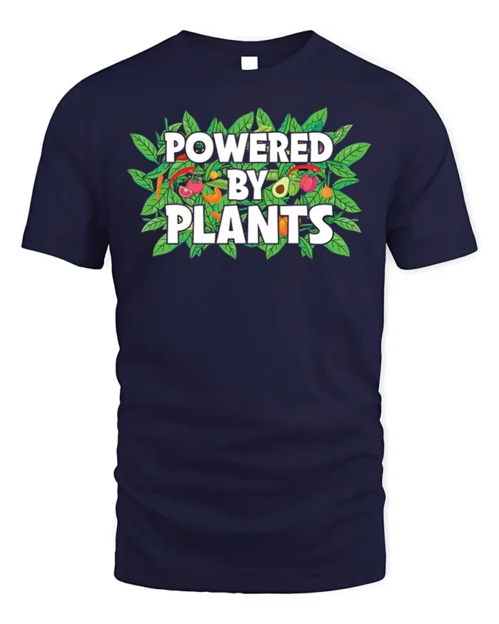Powered By Plants Vegan Lifestyle T-Shirt - navy t-shirt on white background