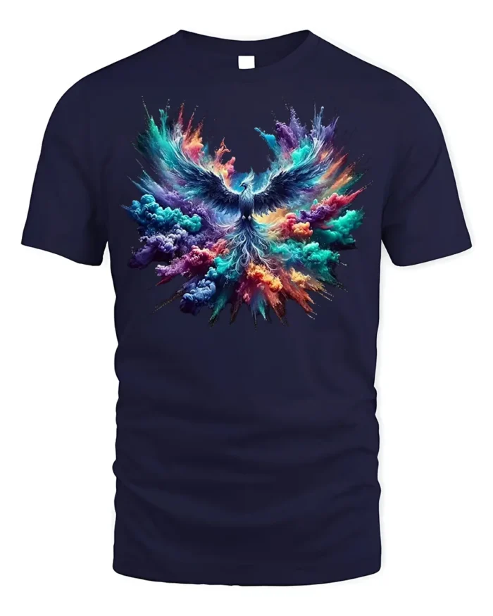 Colorful Phoenix Rising Explosion T-Shirt - navy t-shirt on white background