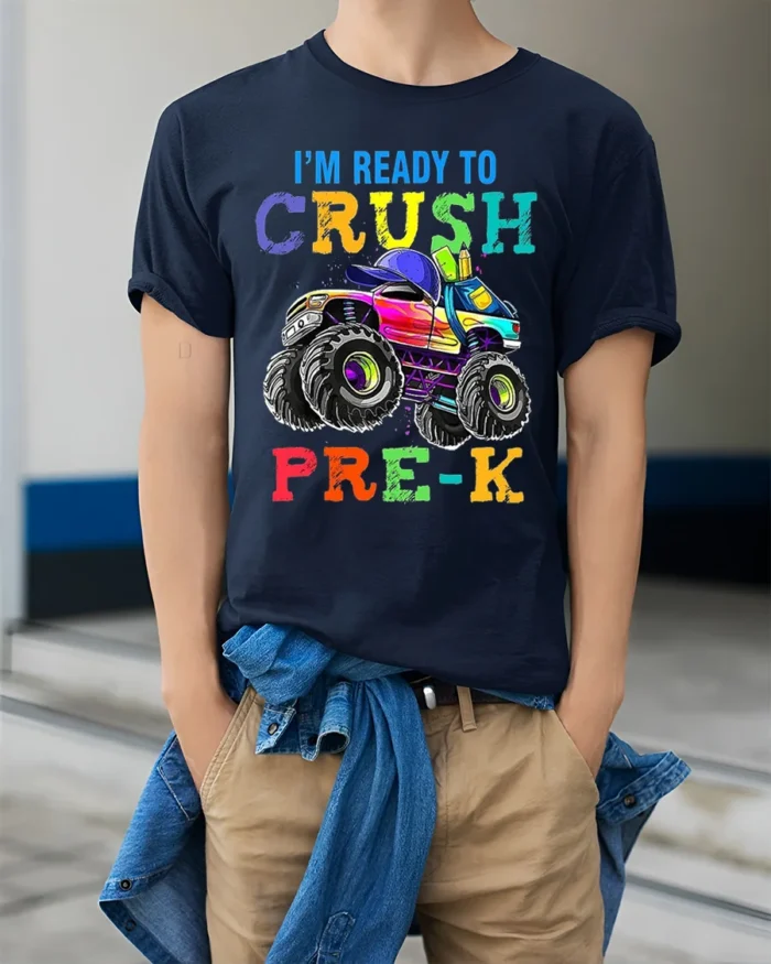 I’m Ready To Crush Pre-K Monster Truck T-Shirt - model wearing navy shirt, hands in pockets