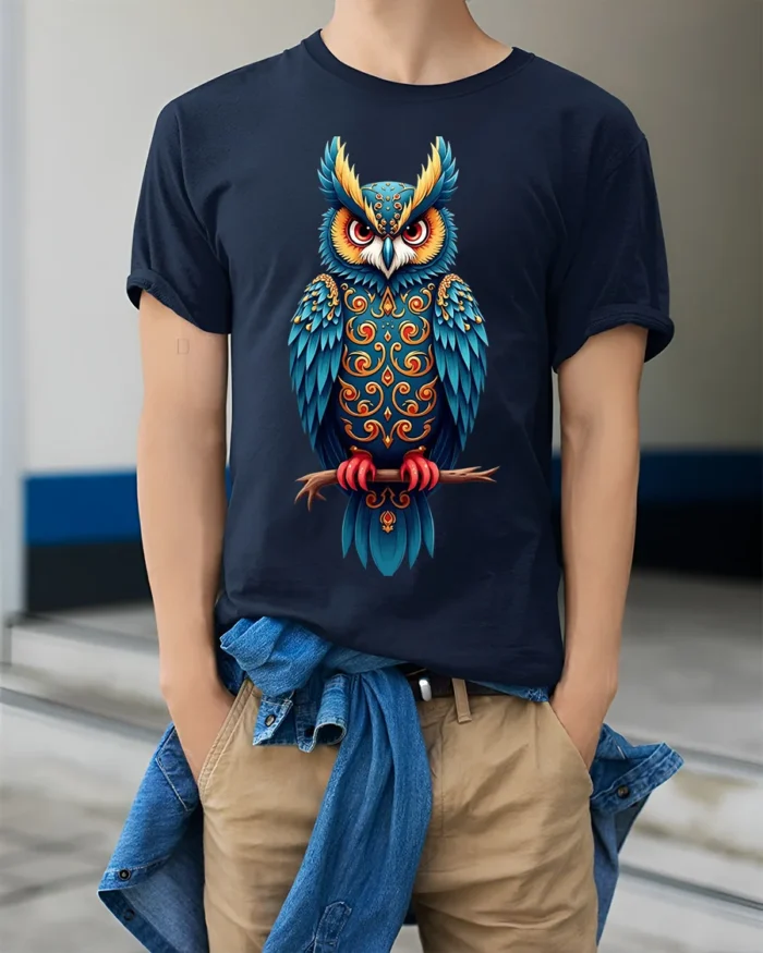 Colorful Ornate Owl Spirit Graphic T-Shirt - model wearing navy shirt, hands in pockets