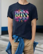 Neon Graffiti Boss Street Style T-Shirt - model wearing navy shirt, hands in pockets