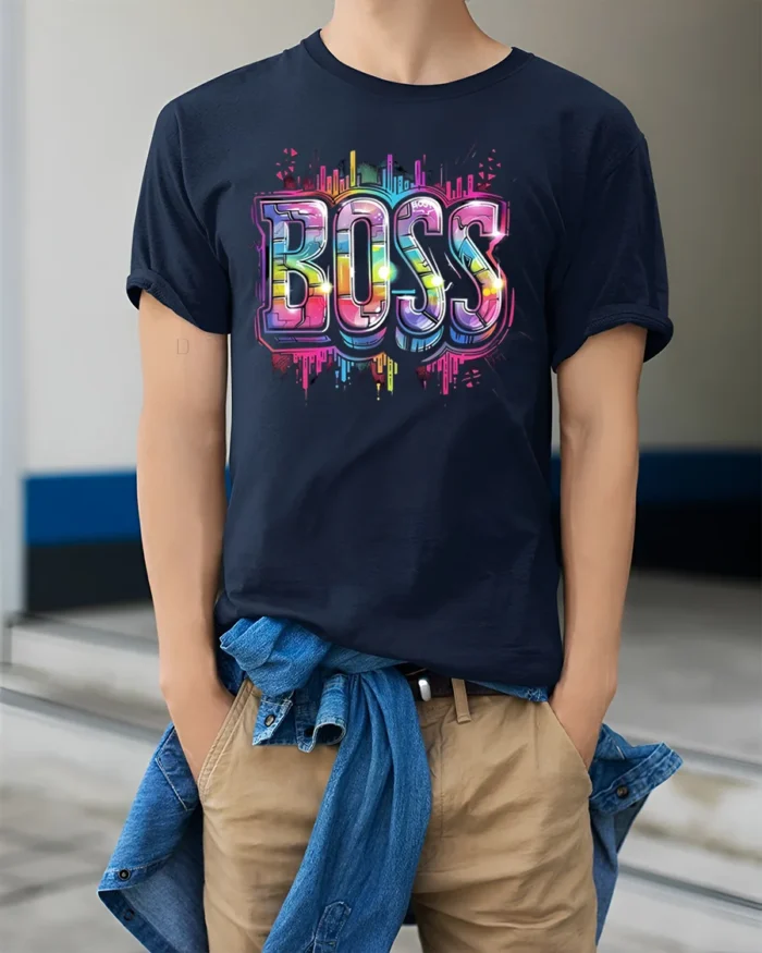 Neon Graffiti Boss Street Style T-Shirt - model wearing navy shirt, hands in pockets
