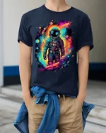 Cosmic Neon Astronaut Space Graphic T-Shirt - model wearing navy shirt, hands in pockets