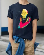Creative Pop Art Light Bulb Graphic T-Shirt - model wearing navy shirt, hands in pockets