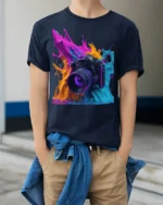 Color Splash Camera Photography Graphic T-Shirt - model wearing navy shirt, hands in pockets