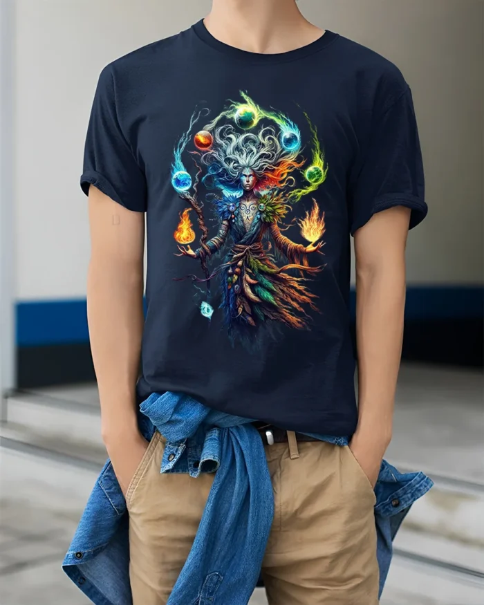 Elemental Sorcerer Fantasy Magic Graphic T-Shirt - model wearing navy shirt, hands in pockets