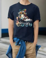 Color Splash Roller Skate Graphic T-Shirt - model wearing navy shirt, hands in pockets