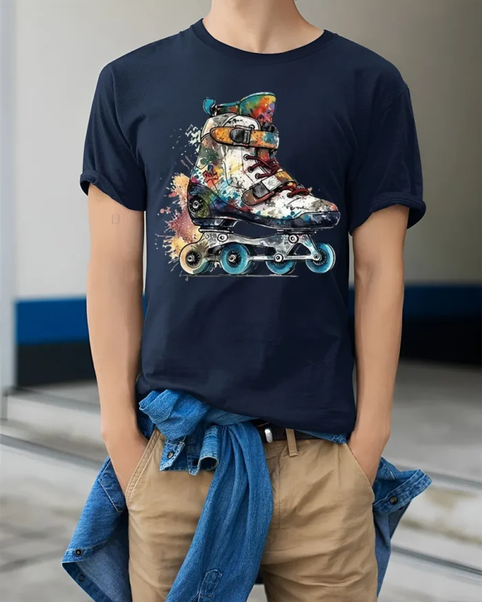 Color Splash Roller Skate Graphic T-Shirt - model wearing navy shirt, hands in pockets