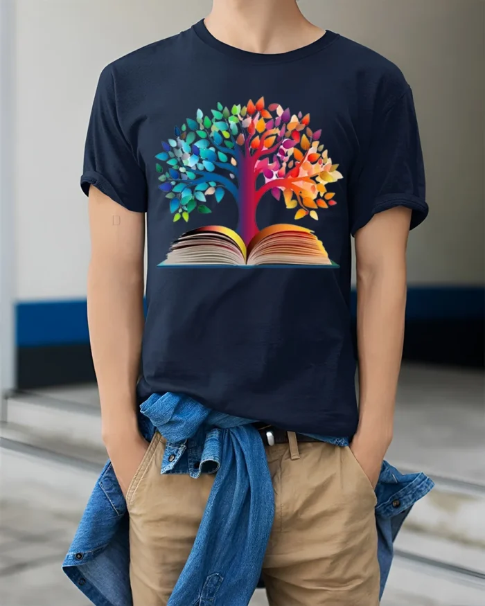 Colorful Tree of Knowledge Book T-Shirt - model wearing navy shirt, hands in pockets