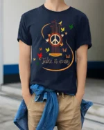 Peace Guitar Take It Easy Music T-Shirt - model wearing navy shirt, hands in pockets