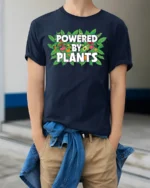Powered By Plants Vegan Lifestyle T-Shirt - model wearing navy shirt, hands in pockets