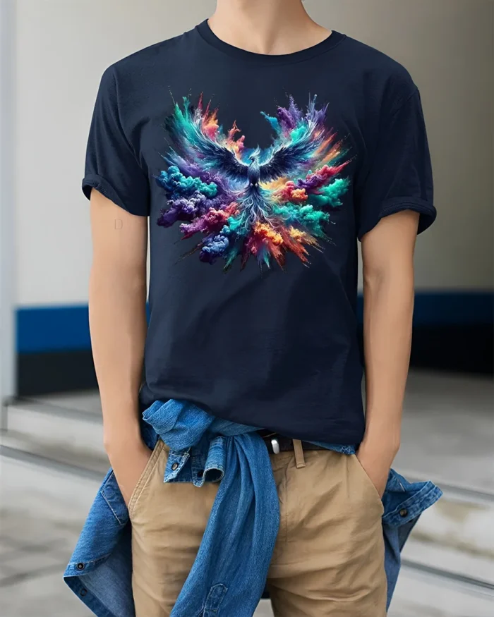 Colorful Phoenix Rising Explosion T-Shirt - model wearing navy shirt, hands in pockets
