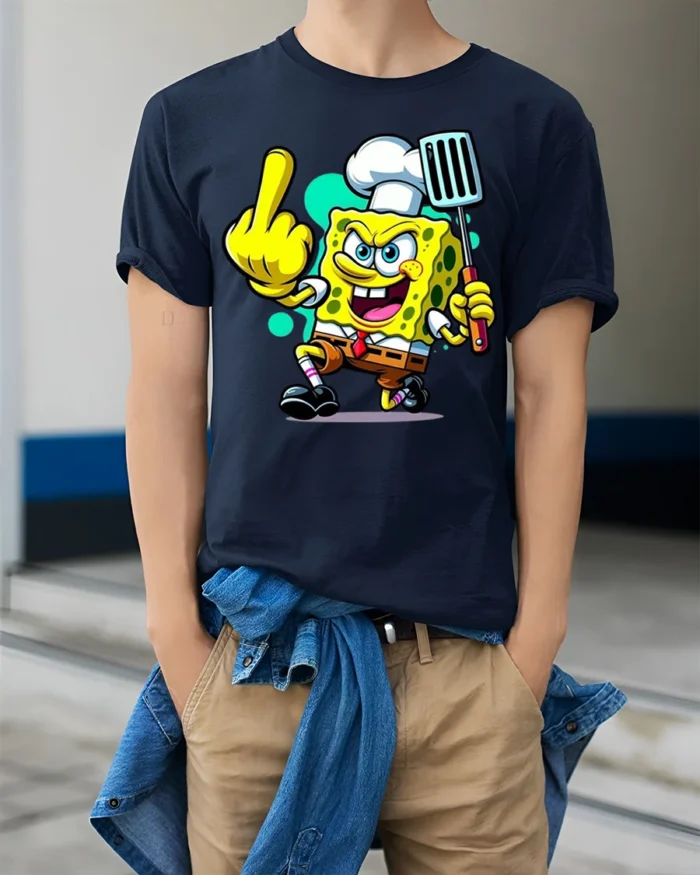 Funny Sponge Chef Cooking Humor T-Shirt - model wearing navy shirt, hands in pockets