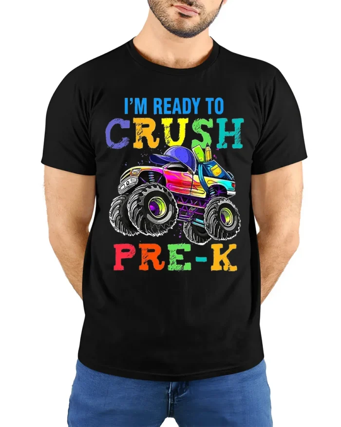 I’m Ready To Crush Pre-K Monster Truck T-Shirt - model wearing black shirt, hands behind back