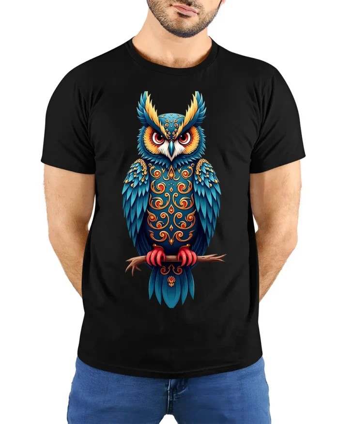 Colorful Ornate Owl Spirit Graphic T-Shirt - model wearing black shirt, hands behind back