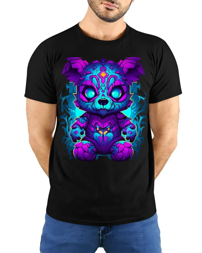 Neon Cyber Bear Fantasy Graphic T-Shirt - model wearing black shirt, hands behind back