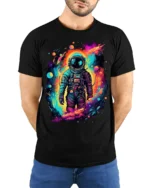 Cosmic Neon Astronaut Space Graphic T-Shirt - model wearing black shirt, hands behind back
