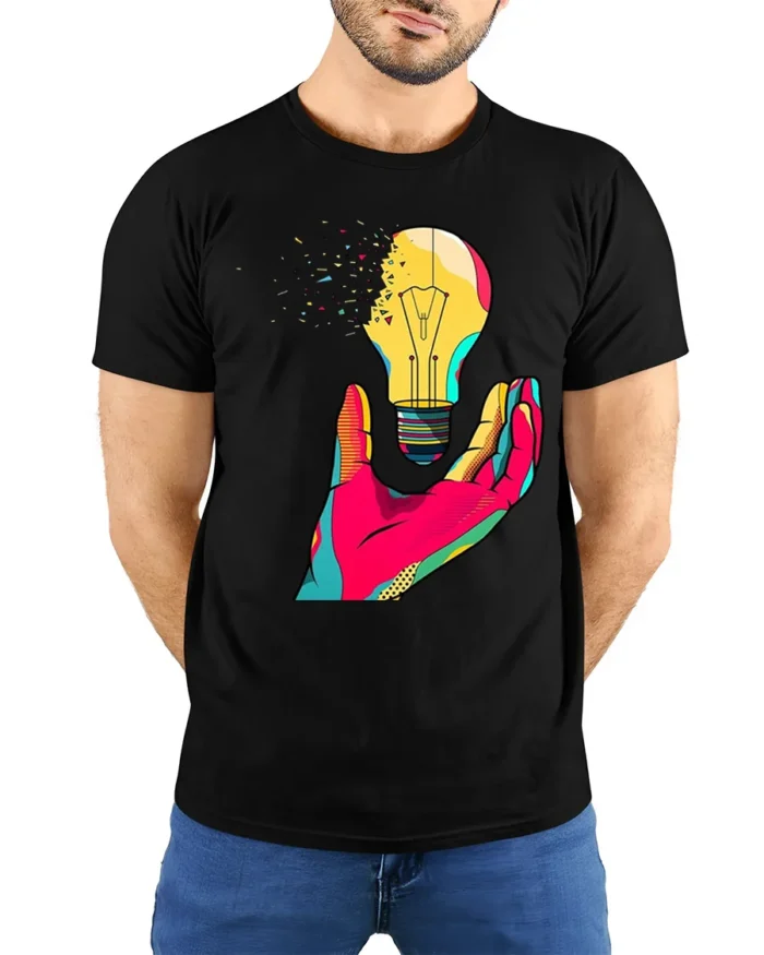 Creative Pop Art Light Bulb Graphic T-Shirt - model wearing black shirt, hands behind back