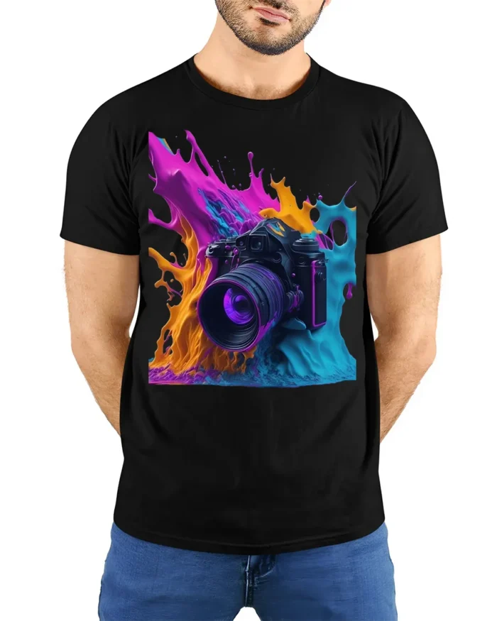 Color Splash Camera Photography Graphic T-Shirt - model wearing black shirt, hands behind back