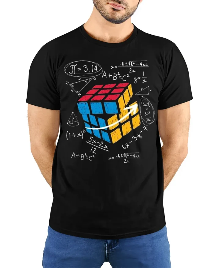 Math Equations Rubik Cube Puzzle T-Shirt - model wearing black shirt, hands behind back