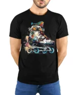 Color Splash Roller Skate Graphic T-Shirt - model wearing black shirt, hands behind back