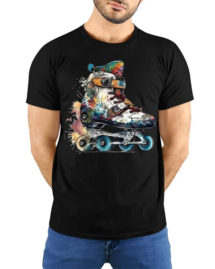 Color Splash Roller Skate Graphic T-Shirt - model wearing black shirt, hands behind back