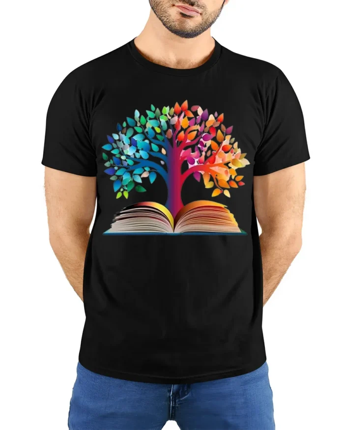 Colorful Tree of Knowledge Book T-Shirt - model wearing black shirt, hands behind back