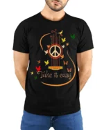 Peace Guitar Take It Easy Music T-Shirt - model wearing black shirt, hands behind back