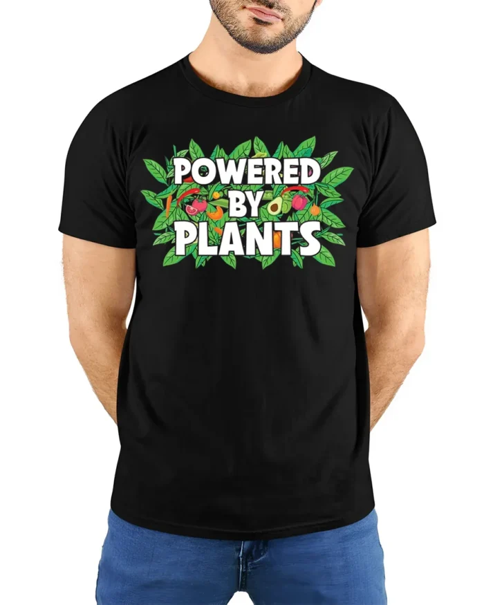 Powered By Plants Vegan Lifestyle T-Shirt - model wearing black shirt, hands behind back