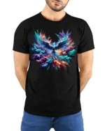 Colorful Phoenix Rising Explosion T-Shirt - model wearing black shirt, hands behind back
